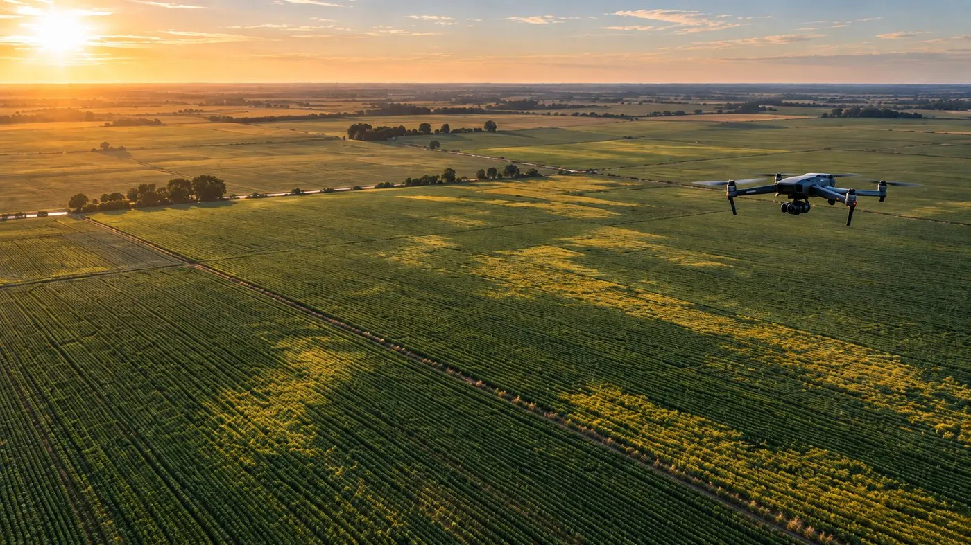 Dron sobrevolando un campo al amanecer