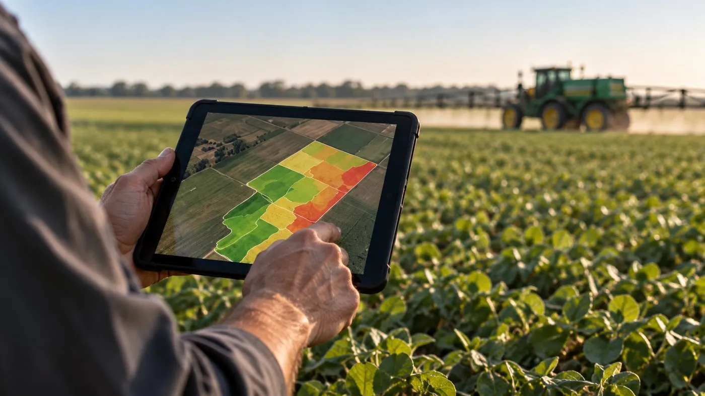Revisión de un mapa del lote en una tablet en el campo